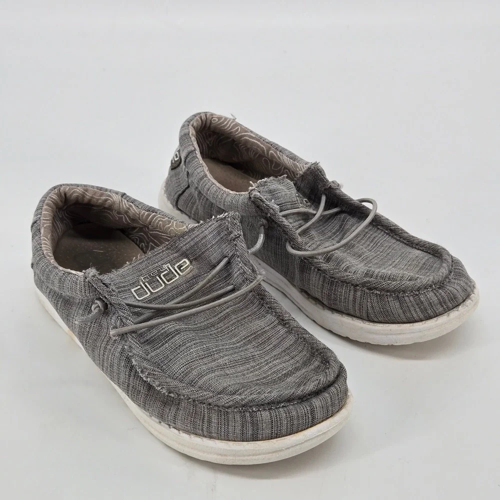 HeyDude Wally Youth Linen Stone Gray Loafers Canvas Slip On Shoes Size US 2Y GUC